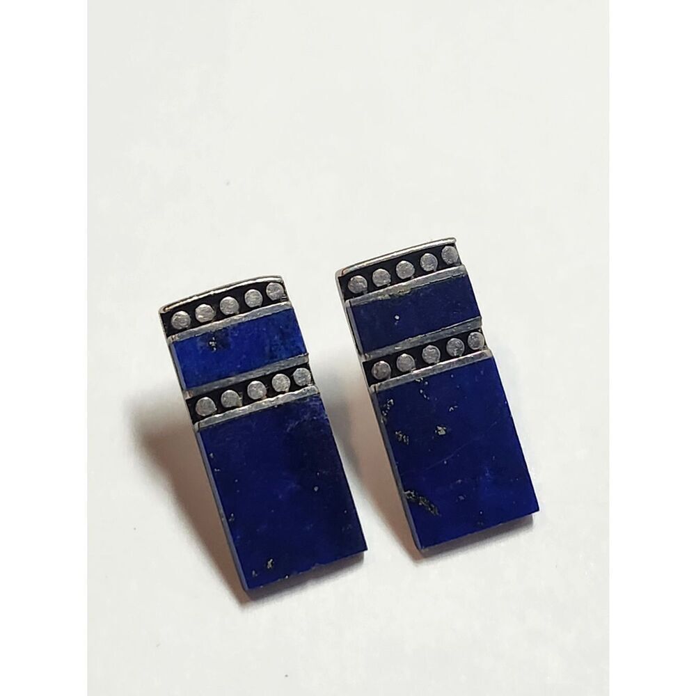 Sterling Silver Vintage Lapis Inlay Rectangle Stud Earrings - Deep Blue
